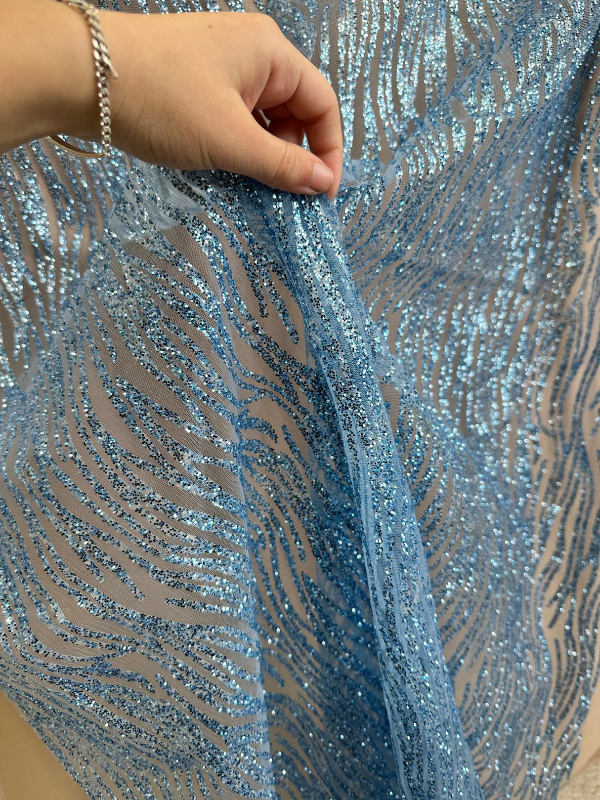Glitter Wave Design Lace Baby Blue