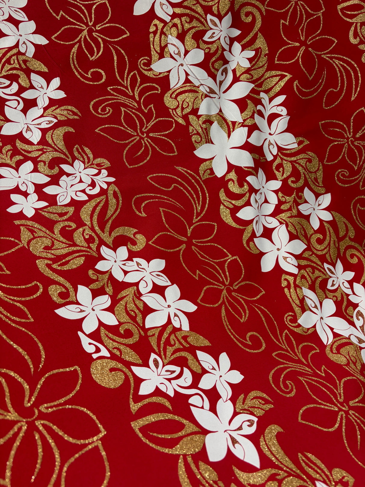 Tiare Garden Glitter Polyester Fabric - Various Color Background, White And Glitter Gold Floral Plumeria Design, 60" Width (1 Yard)