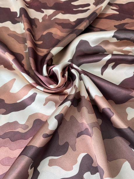 Stretch Satin Khaki Camouflage Army Print