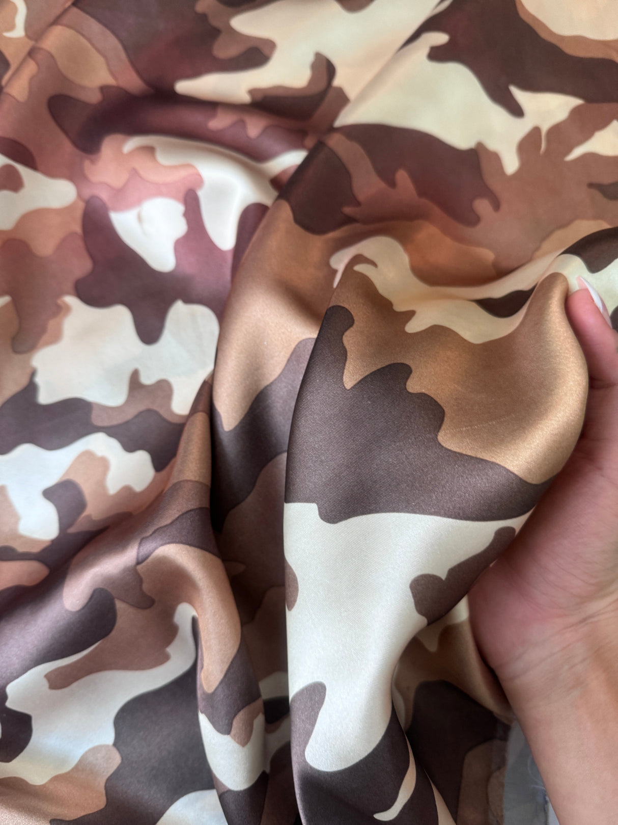 Stretch Satin Khaki Camouflage Army Print