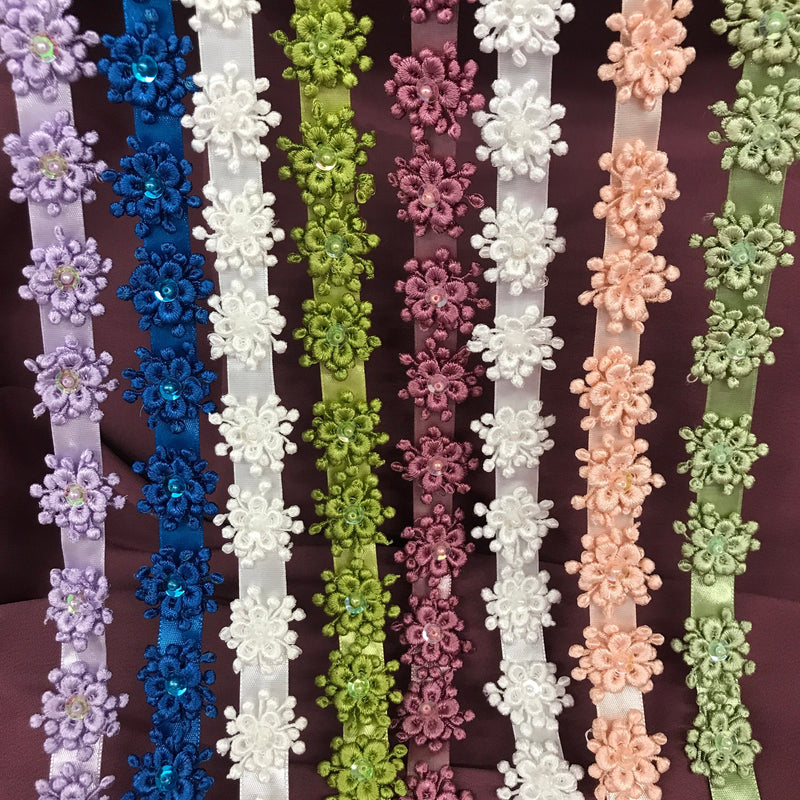Beaded 3D Guipure Floral Lace Trimming 100 Percent Polyester Fabric - Floral Beaded Lace Trim, 1" Width (1 Yard)