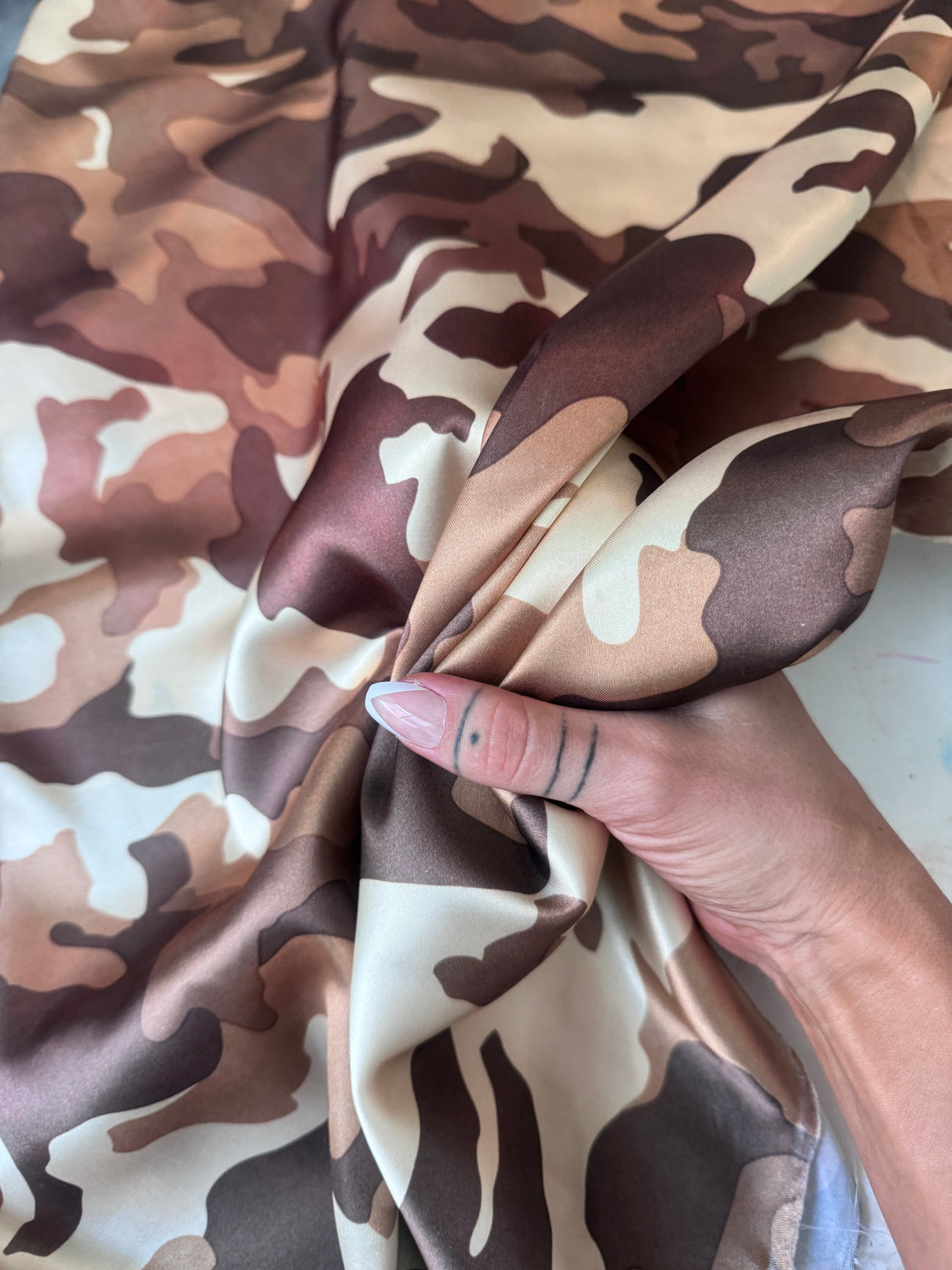 Stretch Satin Khaki Camouflage Army Print