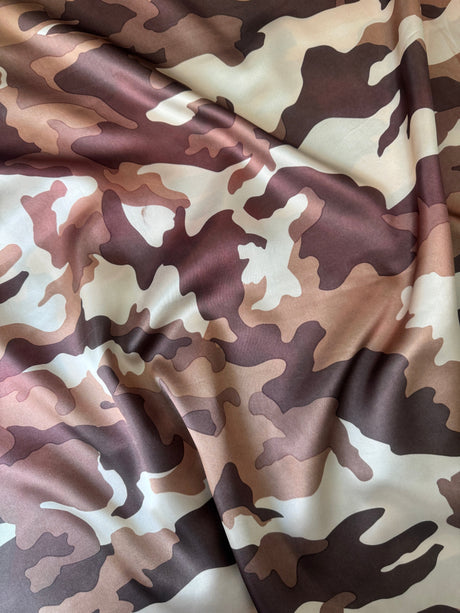 Stretch Satin Khaki Camouflage Army Print