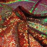 Iridescent All Over Sequins Polyester Fabric - Orange Iridescent, Black Mesh, 60" Width (1 Yard)