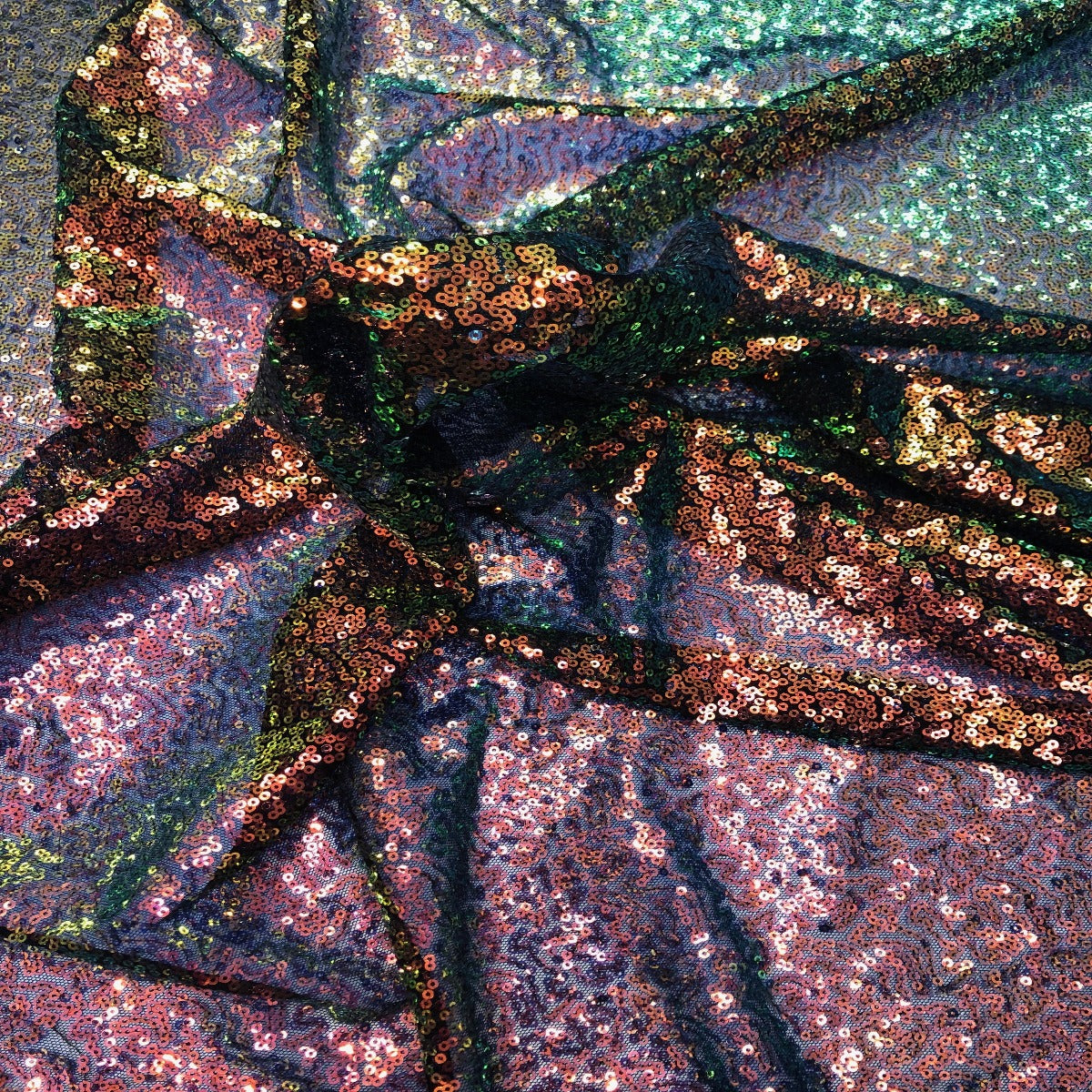 Iridescent All Over Sequins Polyester Fabric - Orange Iridescent, Black Mesh, 60" Width (1 Yard)
