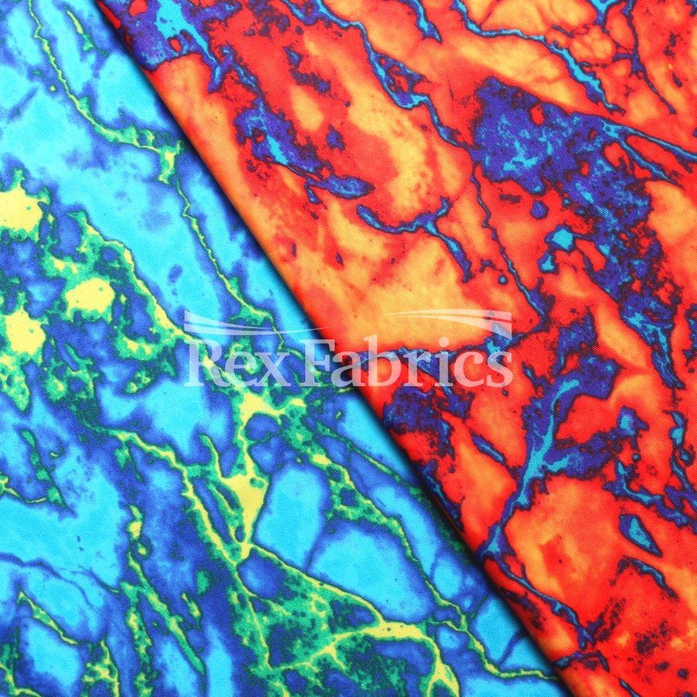 Infrared Poly Spandex Fabric - Blue Lime, Orange Turquoise, Marble Print, 58/60" Width (1 Yard)