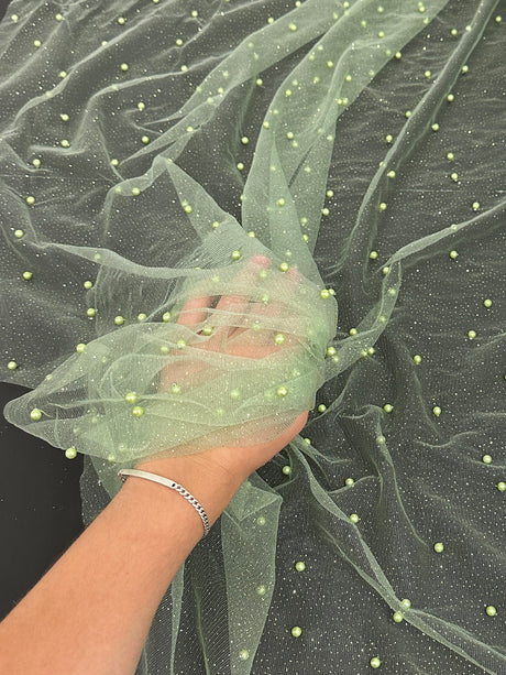 Pearl Beaded Glittery Mesh Tulle
