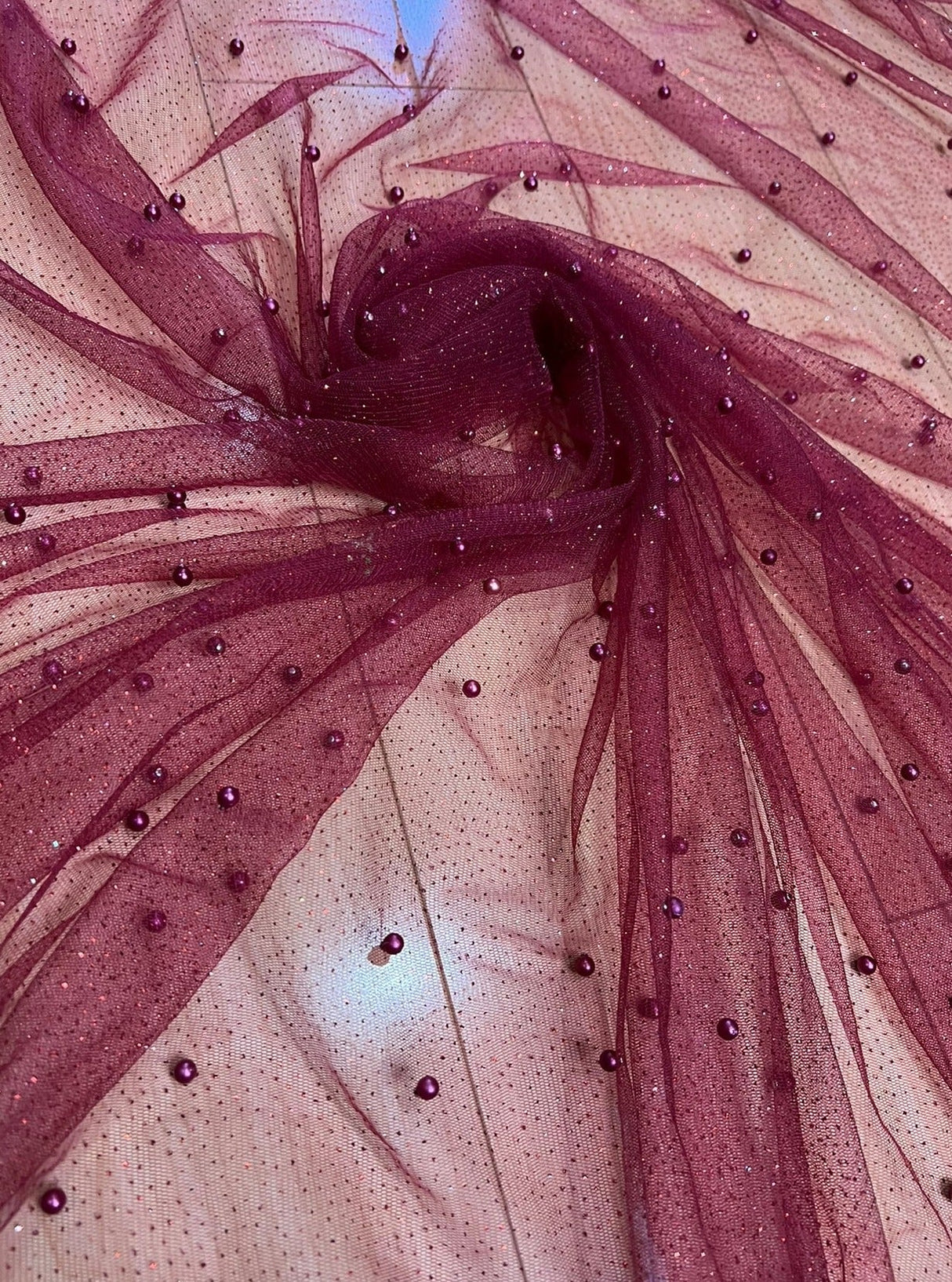 Pearl Beaded Burgundy Tulle Mesh