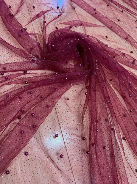 Pearl Beaded Burgundy Tulle Mesh