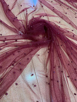 Pearl Beaded Burgundy Tulle Mesh