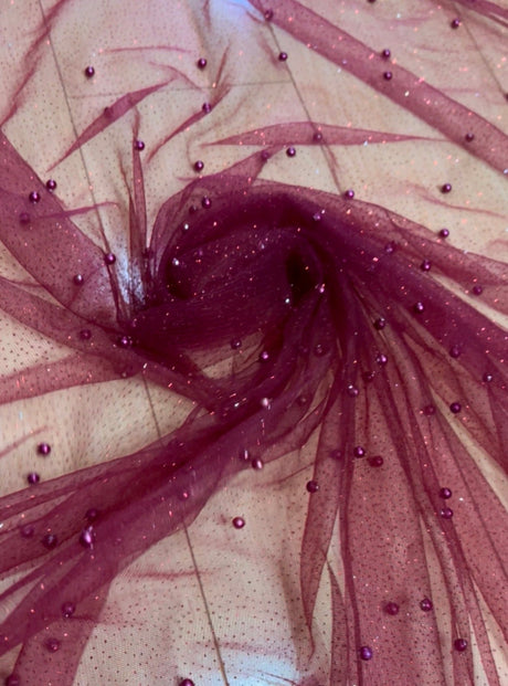 Pearl Beaded Burgundy Tulle Mesh