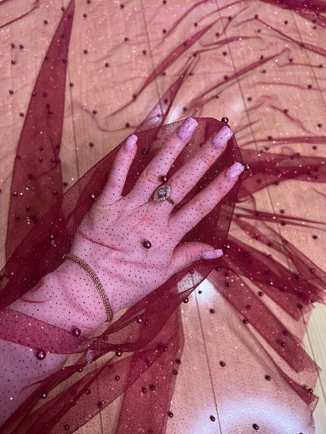Pearl Beaded Burgundy Tulle Mesh