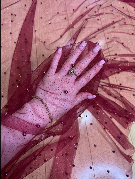 Pearl Beaded Burgundy Tulle Mesh