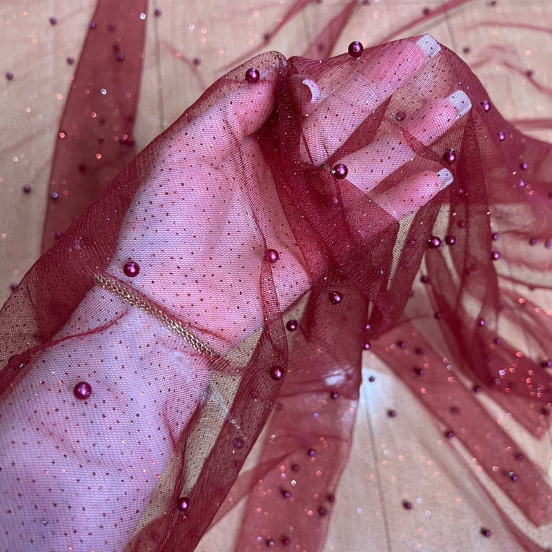Pearl Beaded Burgundy Tulle Mesh