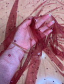 Pearl Beaded Burgundy Tulle Mesh