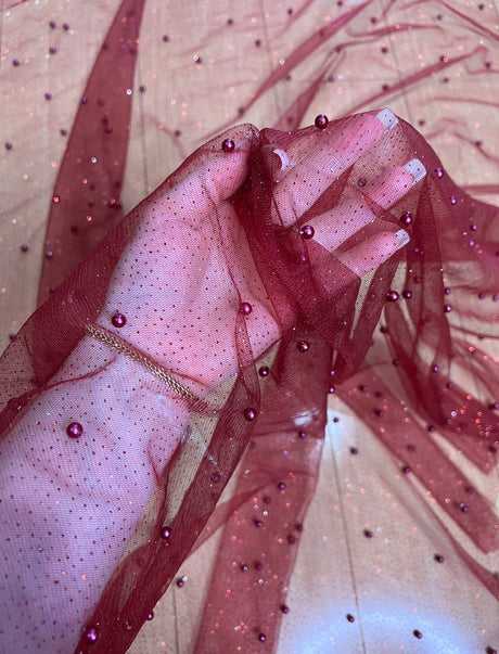 Pearl Beaded Burgundy Tulle Mesh