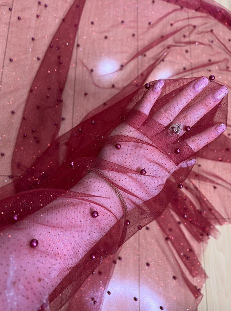 Pearl Beaded Burgundy Tulle Mesh