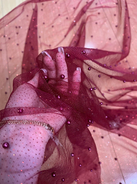 Pearl Beaded Burgundy Tulle Mesh