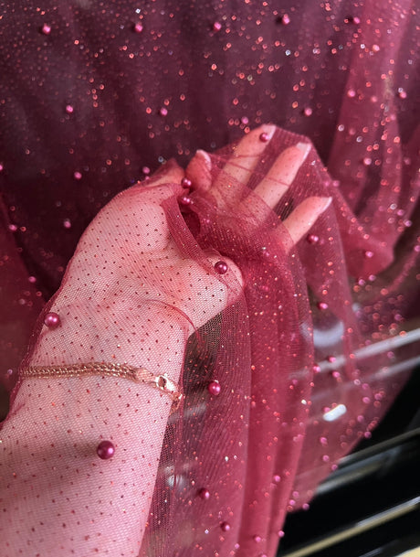 Pearl Beaded Burgundy Tulle Mesh