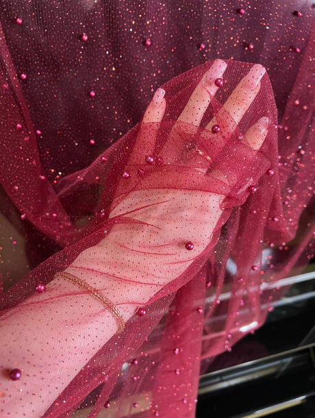 Pearl Beaded Burgundy Tulle Mesh