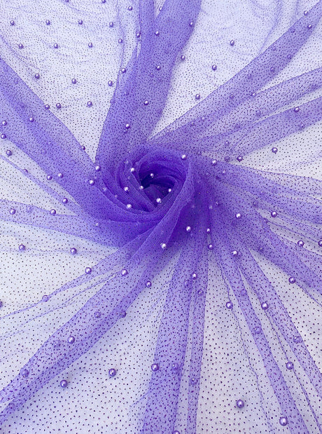 Stretch Pearl Beaded Tulle Lavender