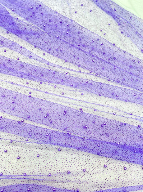 Stretch Pearl Beaded Tulle Lavender