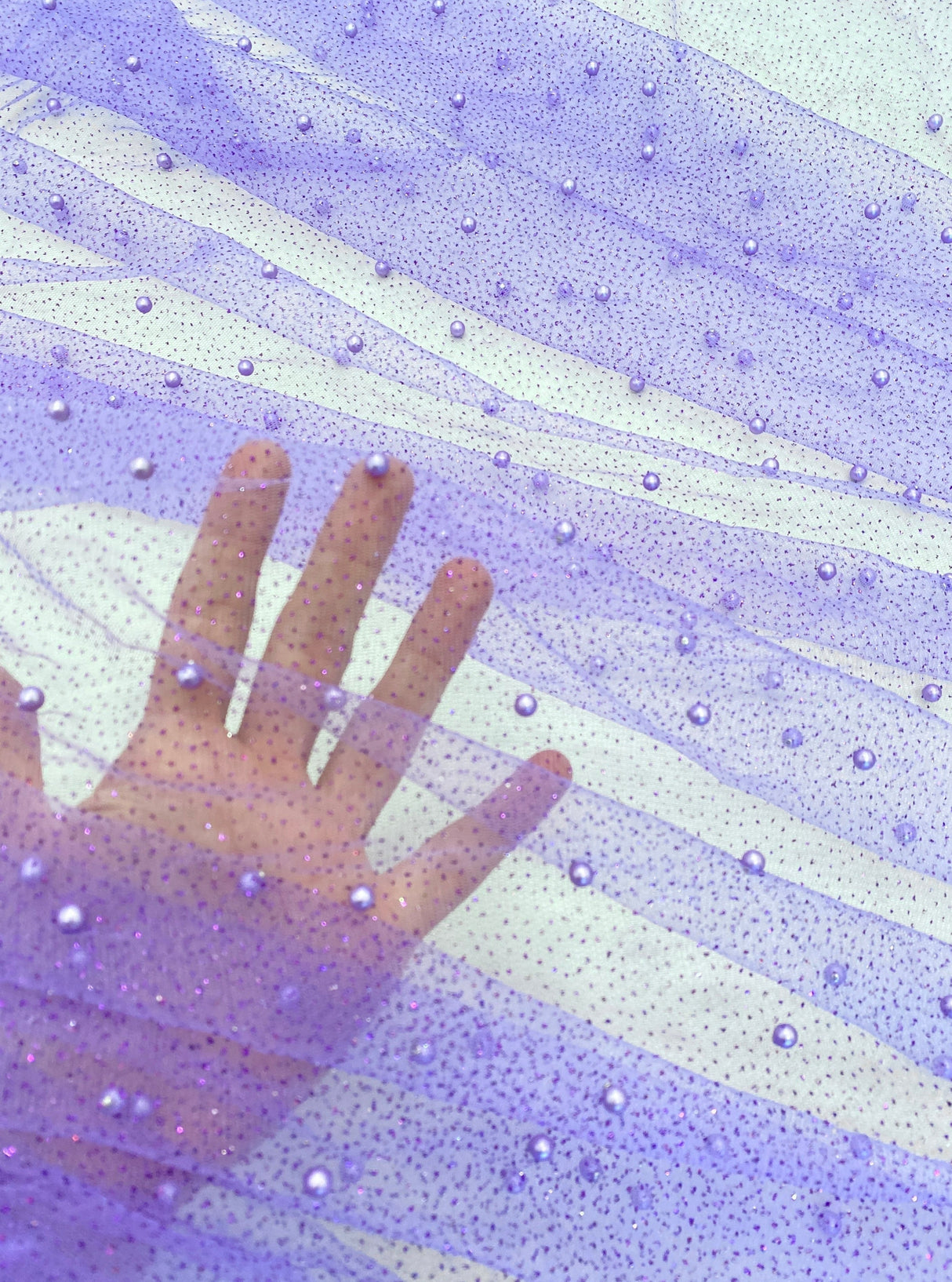 Stretch Pearl Beaded Tulle Lavender