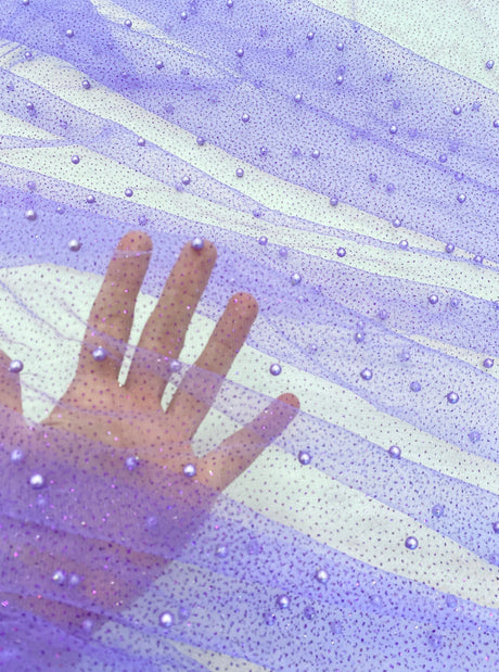 Stretch Pearl Beaded Tulle Lavender