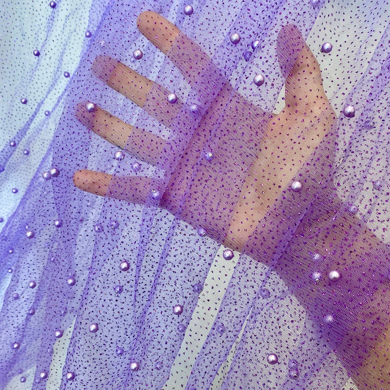 Stretch Pearl Beaded Tulle Lavender