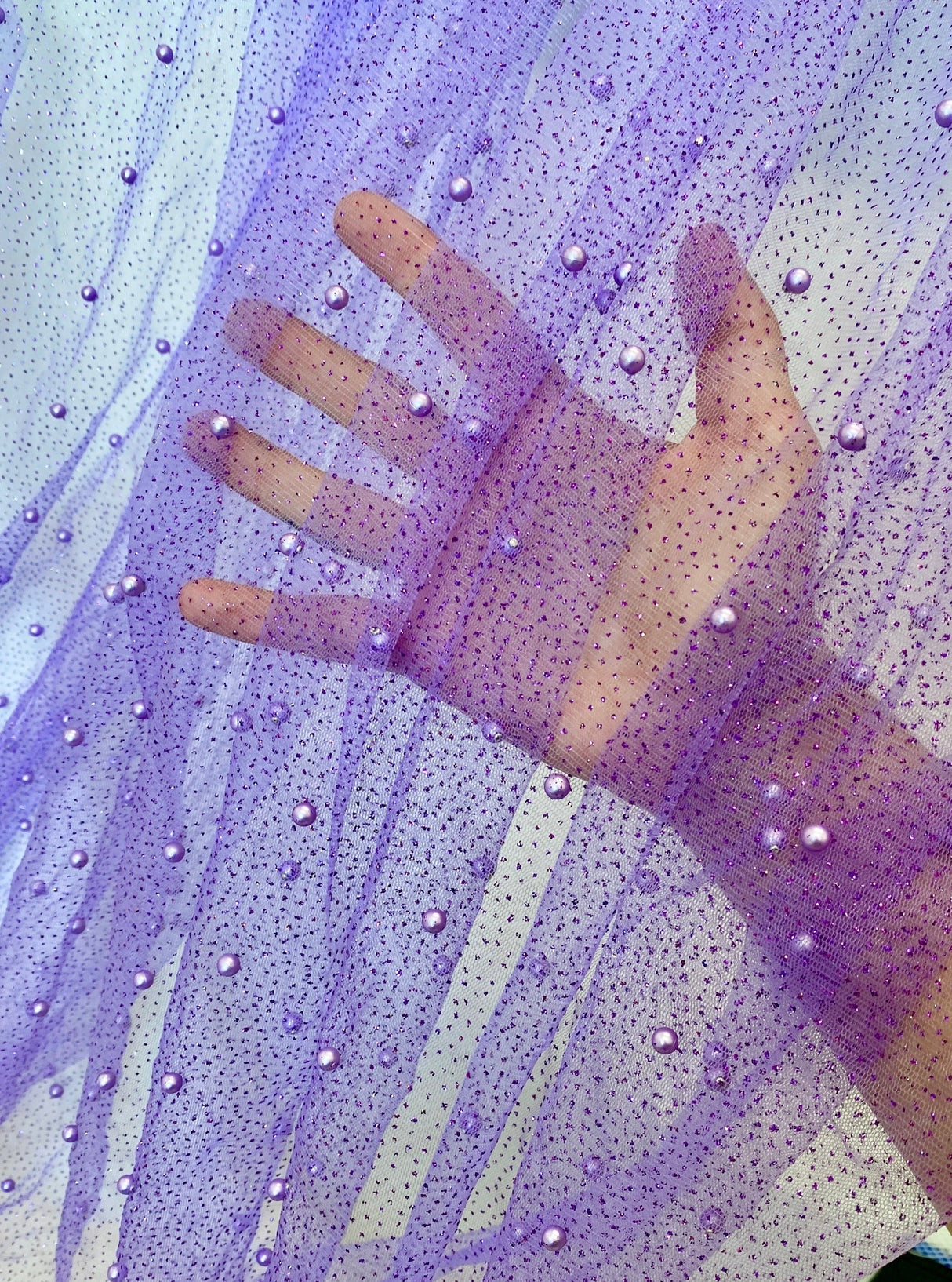 Stretch Pearl Beaded Tulle Lavender