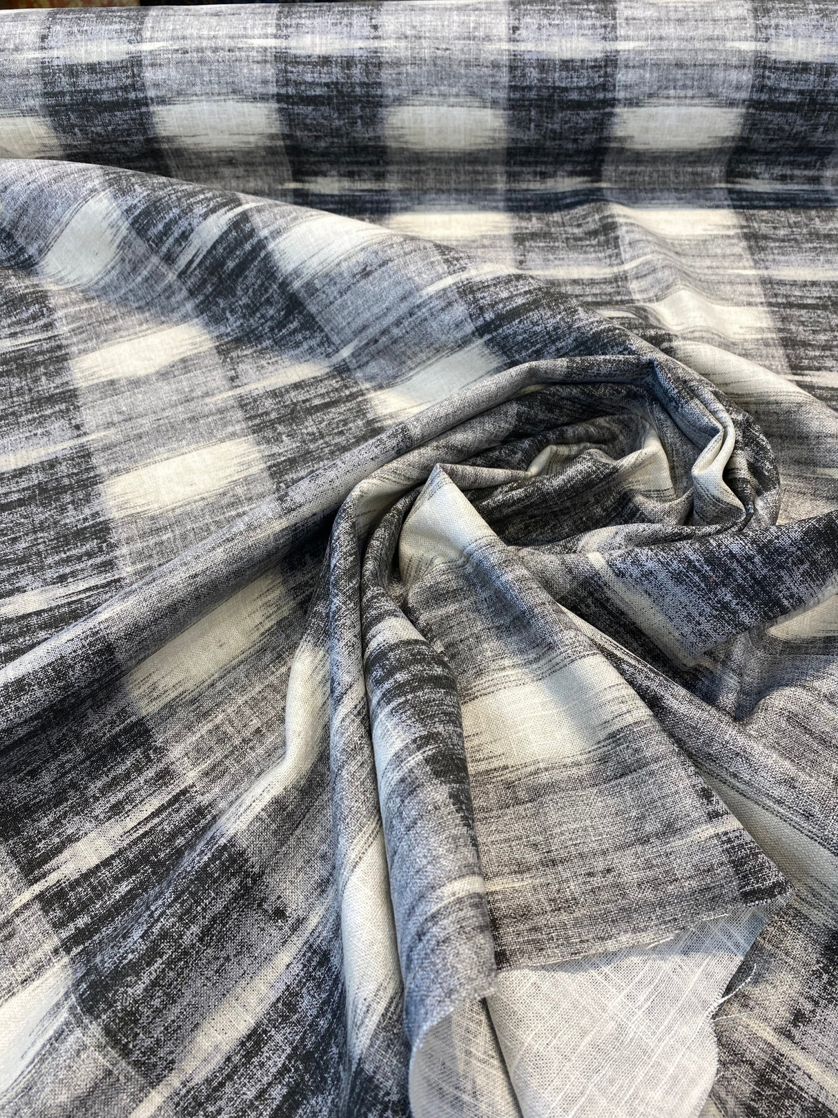 Waverly Sashika Linen Blend Fabric - Plaid, Cinder Gray/Black, 54" Width (By The Yard)