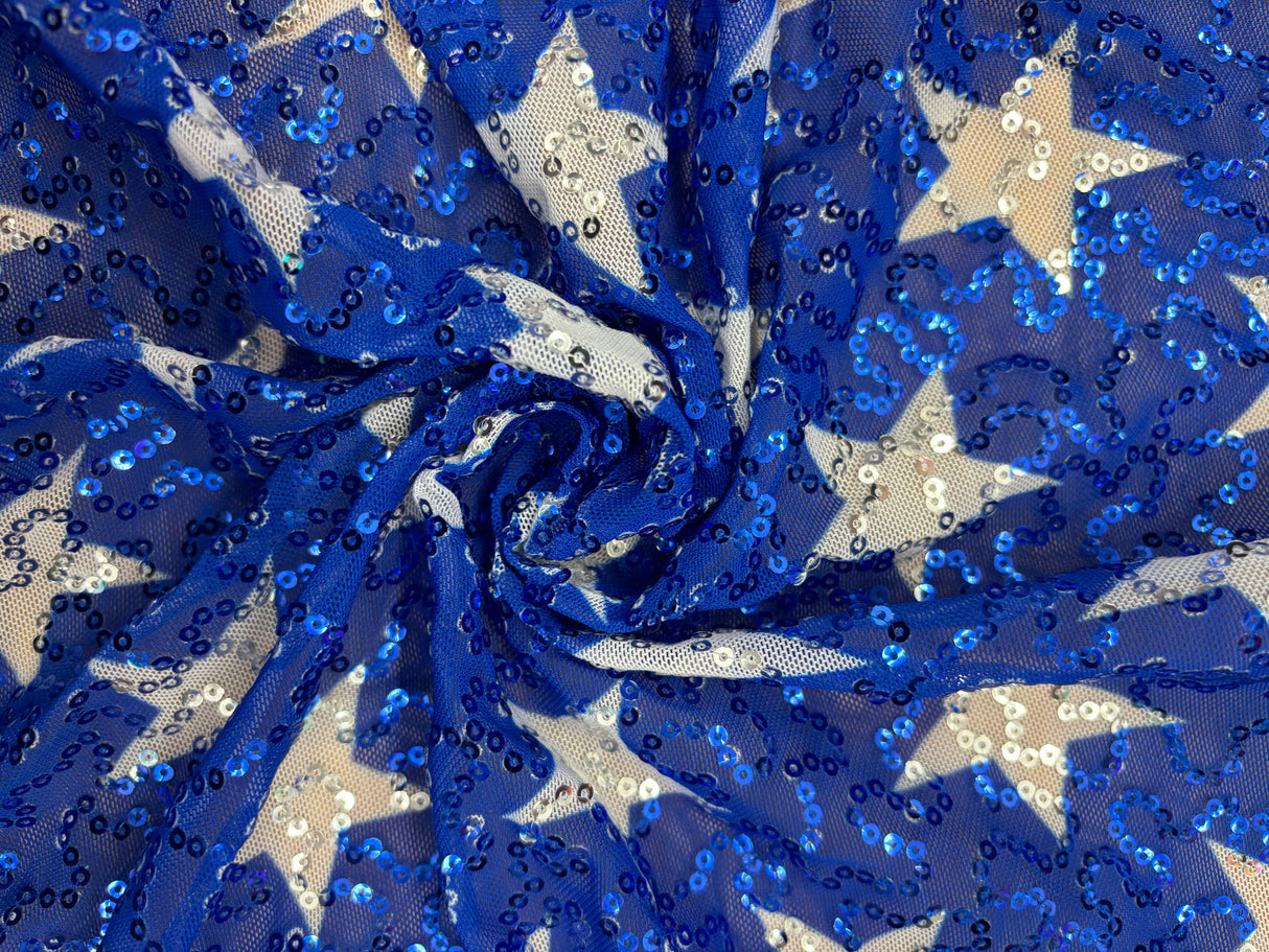 White Star Printed Sequin Mesh Fabric - White Star Print, 4-Way Stretch, Medium Weight (1 Yard)