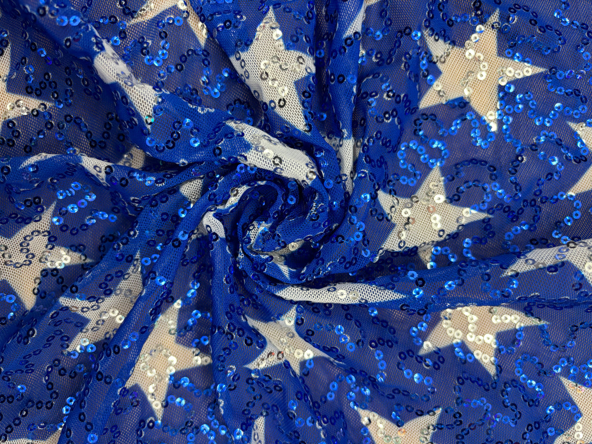White Star Printed Sequin Mesh Fabric - White Star Print, 4-Way Stretch, Medium Weight (1 Yard)