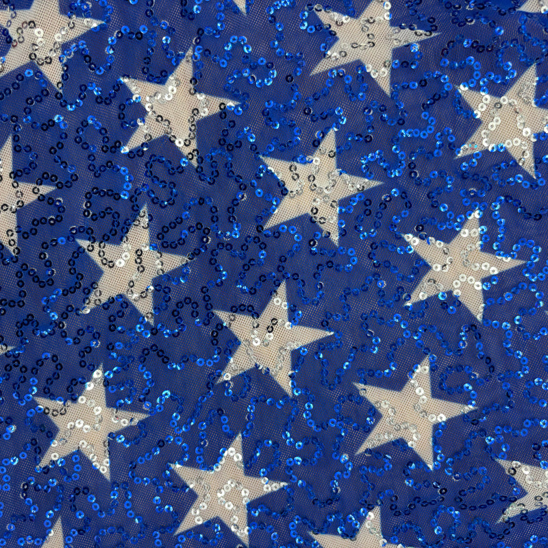 White Star Printed Sequin Mesh Fabric - White Star Print, 4-Way Stretch, Medium Weight (1 Yard)