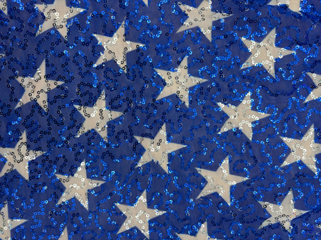 White Star Printed Sequin Mesh Fabric - White Star Print, 4-Way Stretch, Medium Weight (1 Yard)