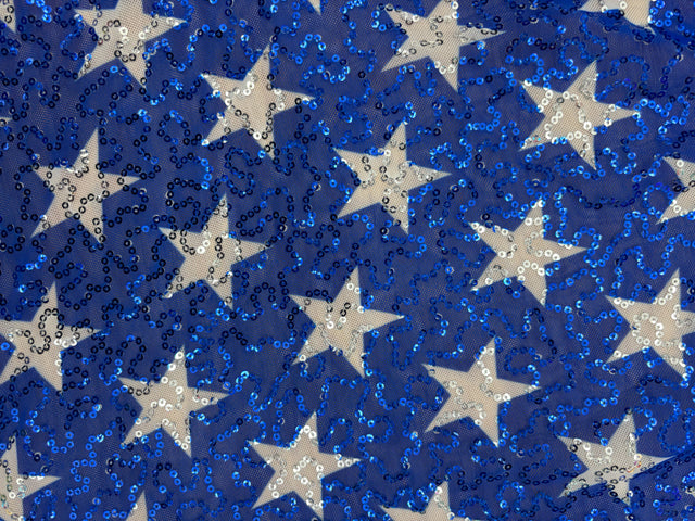 White Star Printed Sequin Mesh Fabric - White Star Print, 4-Way Stretch, Medium Weight (1 Yard)