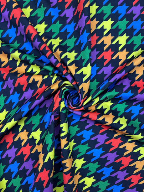 Rainbow Houndstooth Print Polyester Spandex Fabric - White/Black Houndstooth Print, 58"/60" Width (1 Yard)