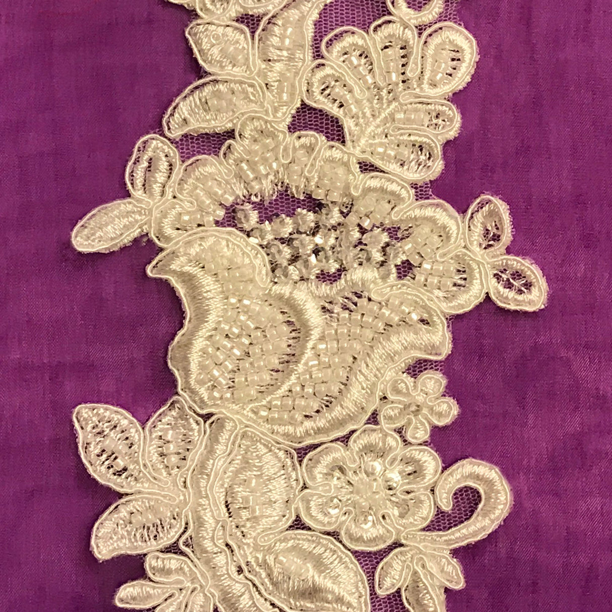 Beaded Corded Floral Lace Applique 100% Polyester Net Mesh 10" x 3.5"