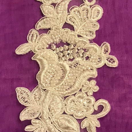 Beaded Corded Floral Lace Applique 100% Polyester Net Mesh 10" x 3.5"