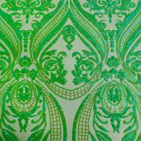 Catina Damask Stretch Sequins Nylon Spandex Mesh Fabric - Iridescent Sequin Damask, 60" Width, 52" Sequin Width (1 Yard)