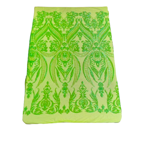 Catina Damask Stretch Sequins Nylon Spandex Mesh Fabric - Iridescent Sequin Damask, 60" Width, 52" Sequin Width (1 Yard)