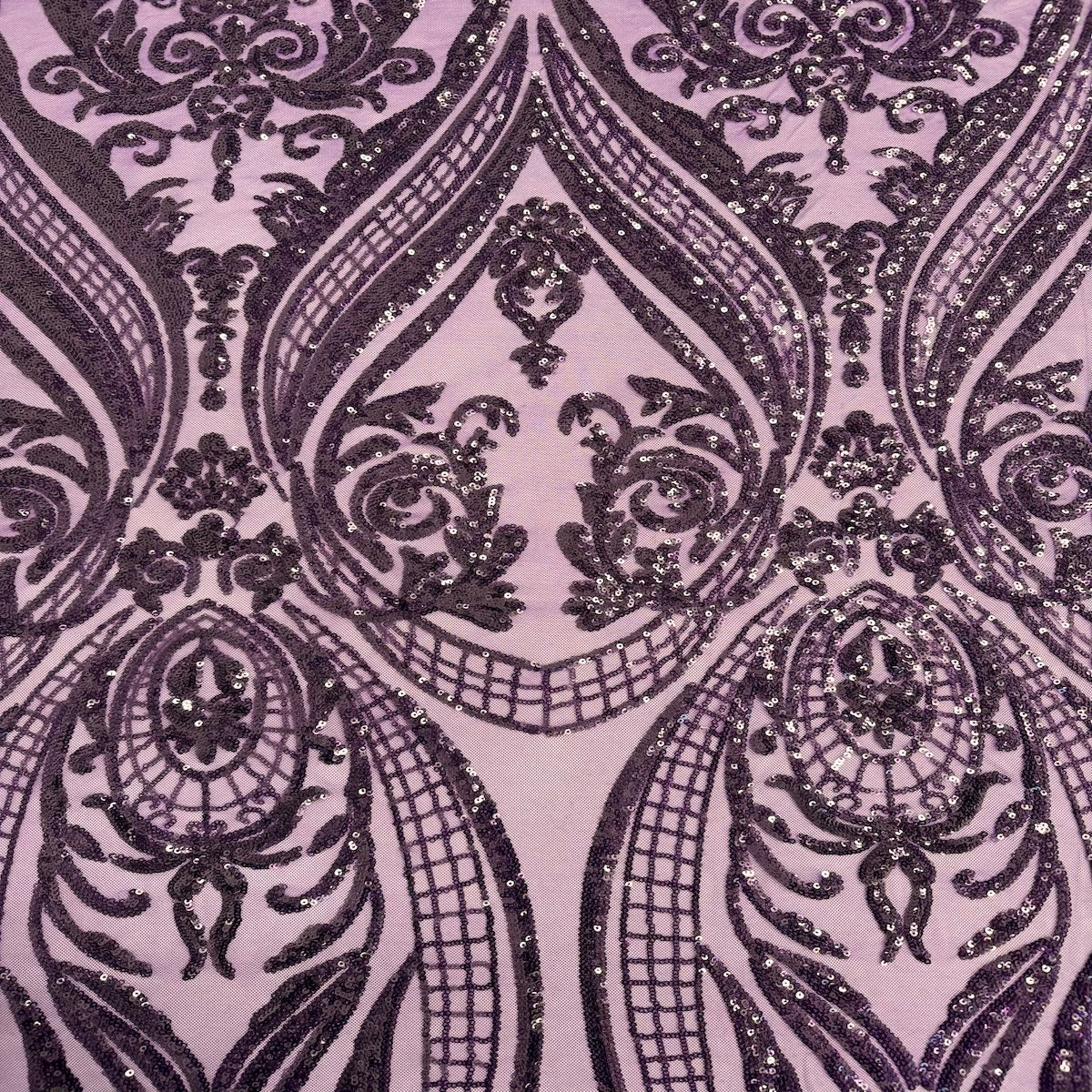 Catina Damask Stretch Sequins Nylon Spandex Mesh Fabric - Iridescent Sequin Damask, 60" Width, 52" Sequin Width (1 Yard)