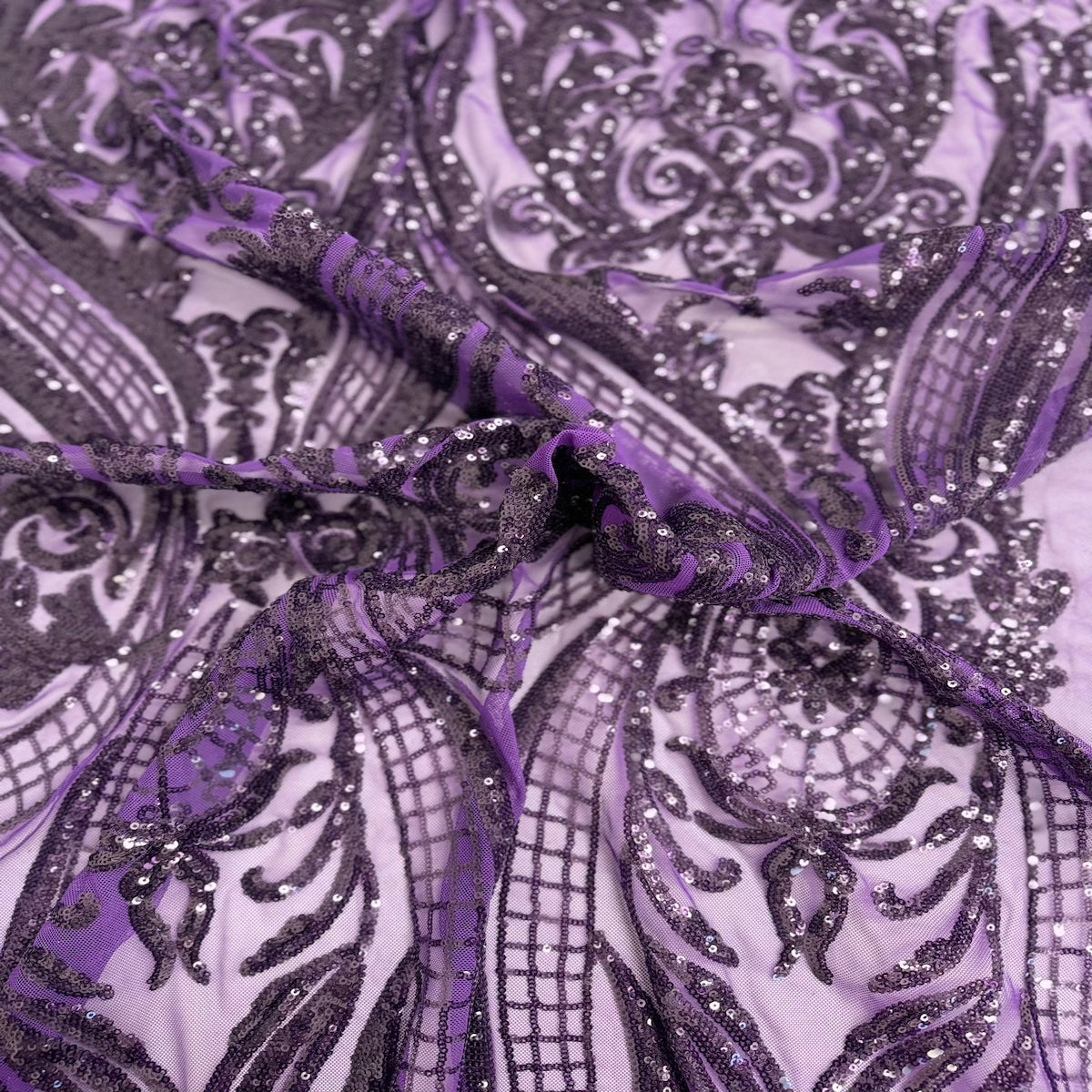 Catina Damask Stretch Sequins Nylon Spandex Mesh Fabric - Iridescent Sequin Damask, 60" Width, 52" Sequin Width (1 Yard)