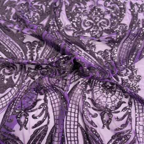 Catina Damask Stretch Sequins Nylon Spandex Mesh Fabric - Iridescent Sequin Damask, 60" Width, 52" Sequin Width (1 Yard)