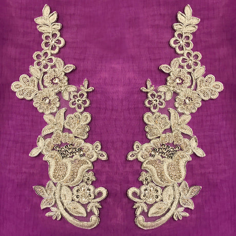 Beaded Corded Floral Lace Applique 100% Polyester Net Mesh 10" x 3.5"