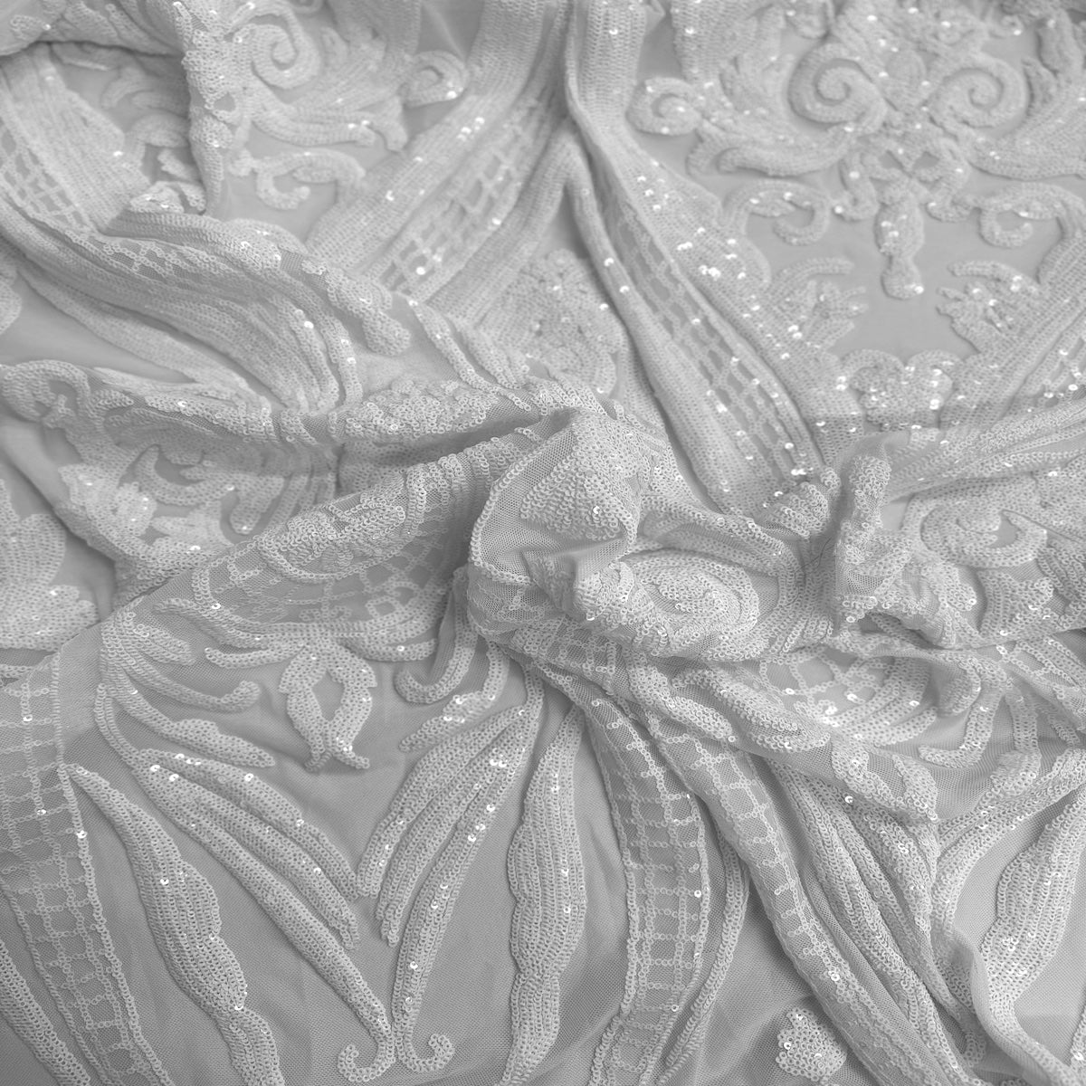 Catina Damask Stretch Sequins Nylon Spandex Mesh Fabric - Iridescent Sequin Damask, 60" Width, 52" Sequin Width (1 Yard)