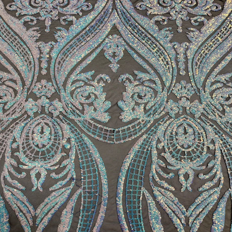 Catina Damask Stretch Sequins Nylon Spandex Mesh Fabric - Iridescent Sequin Damask, 60" Width, 52" Sequin Width (1 Yard)