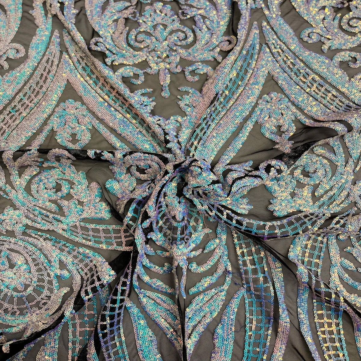 Catina Damask Stretch Sequins Nylon Spandex Mesh Fabric - Iridescent Sequin Damask, 60" Width, 52" Sequin Width (1 Yard)