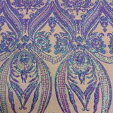 Catina Damask Stretch Sequins Nylon Spandex Mesh Fabric - Iridescent Sequin Damask, 60" Width, 52" Sequin Width (1 Yard)