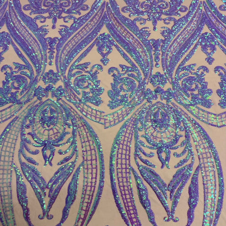 Catina Damask Stretch Sequins Nylon Spandex Mesh Fabric - Iridescent Sequin Damask, 60" Width, 52" Sequin Width (1 Yard)